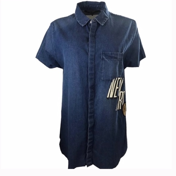 NWOT Zara denim snap shirt “new life” sequin patch - Picture 3 of 6